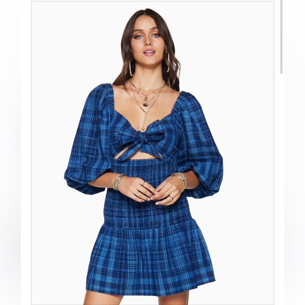 Ramy Brook Caroline Reversible Tie Front Plaid Mini Dress NWT Blue